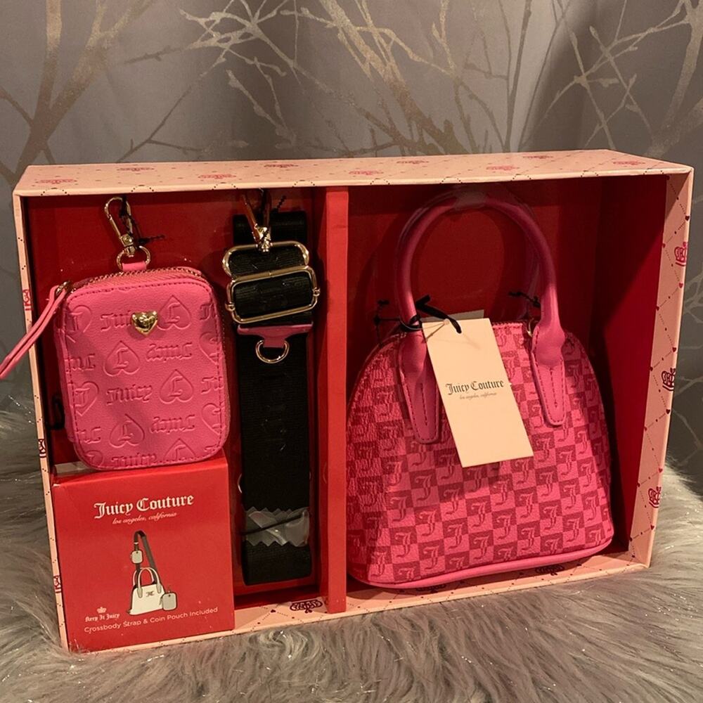 BNWT JUICY COUTURE 3 Piece Pink Bowler Satchel Bag Gift Box Set